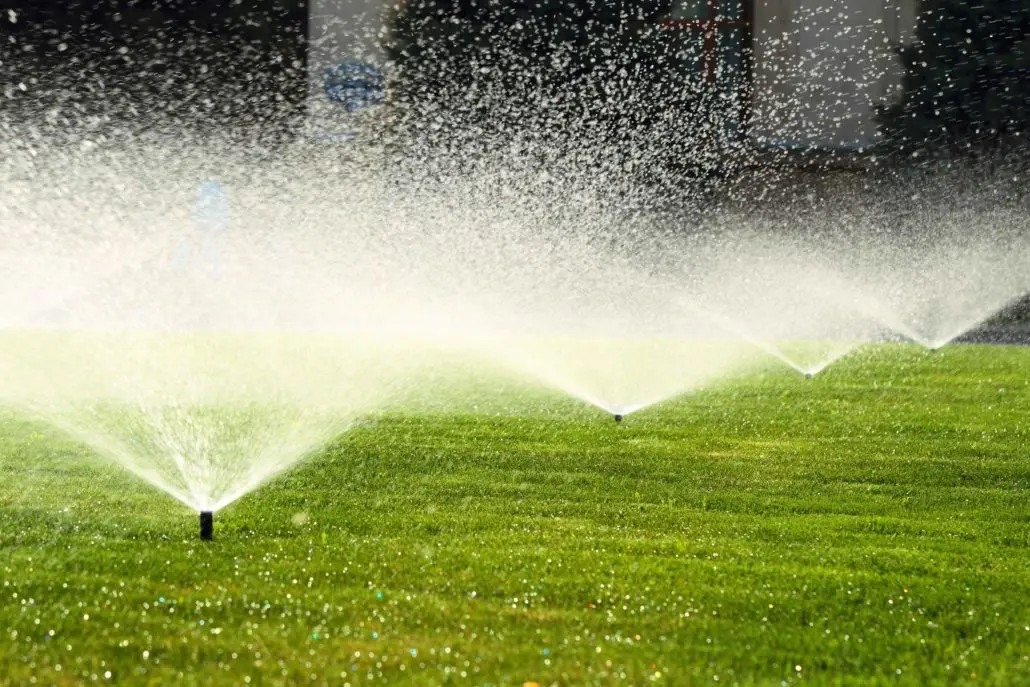 Sprinkler heads running across a wide public lawn