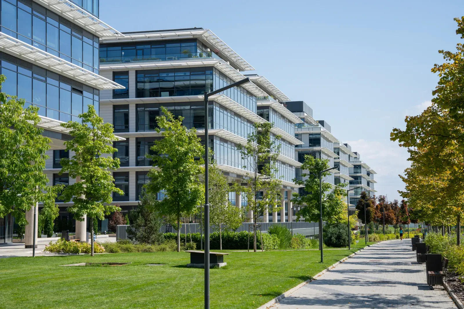 Irrigated lawn and walkway at a modern office park