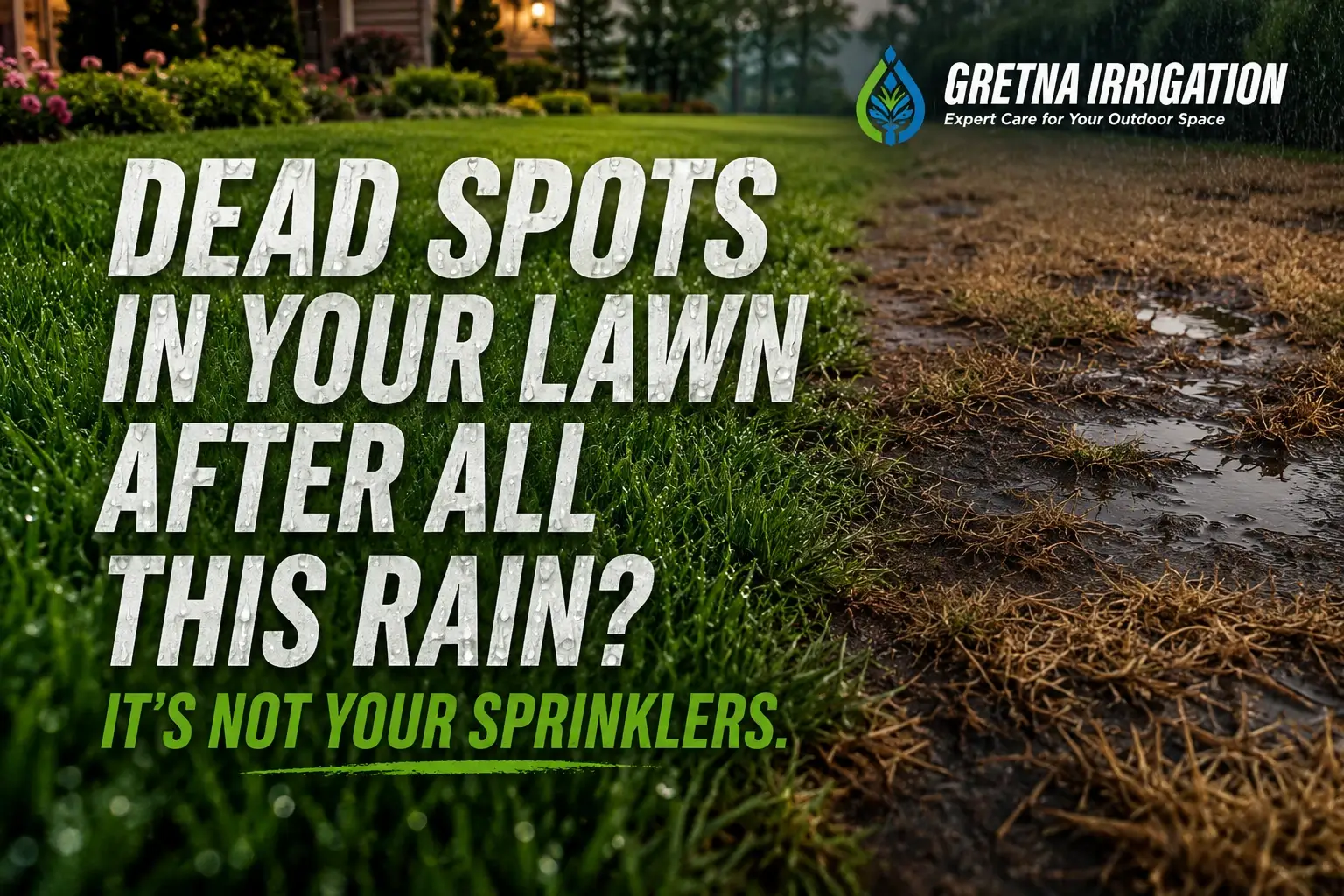 Dead spots in your lawn after all this rain? It's not your sprinklers — a lush green lawn beside a rain-soaked lawn with brown fungal dead patches.